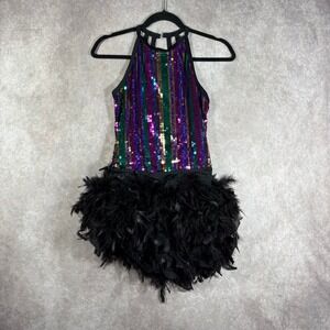 Weissman Showtime Feather Boa Sequin Skirt Dress Womens Size MA Black Strappy